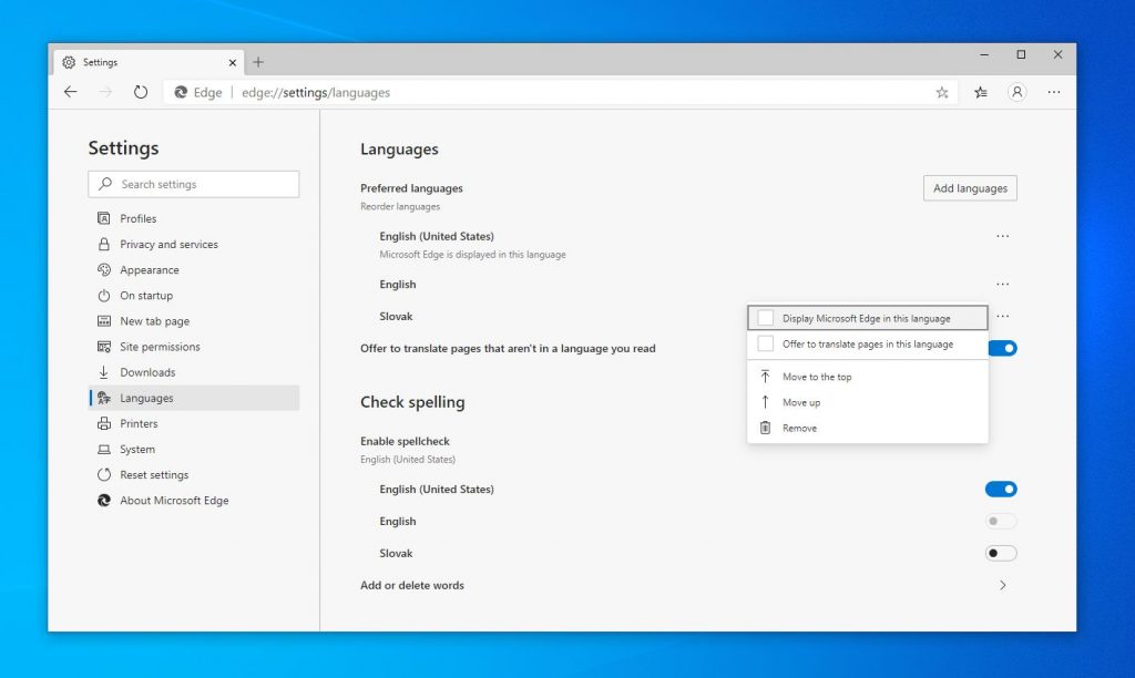 Microsoft Edge slovencina