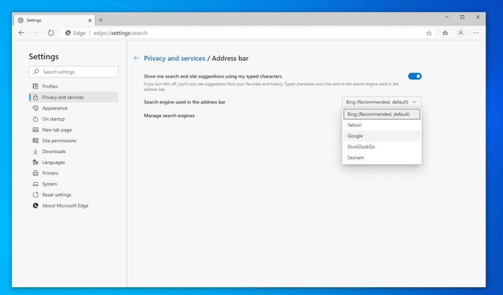 Microsoft Edge zmena vyhladavaca