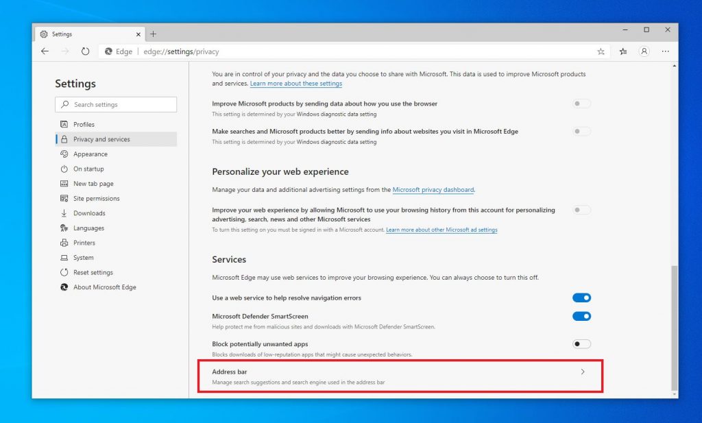 Microsoft Edge zmena vyhladavaca