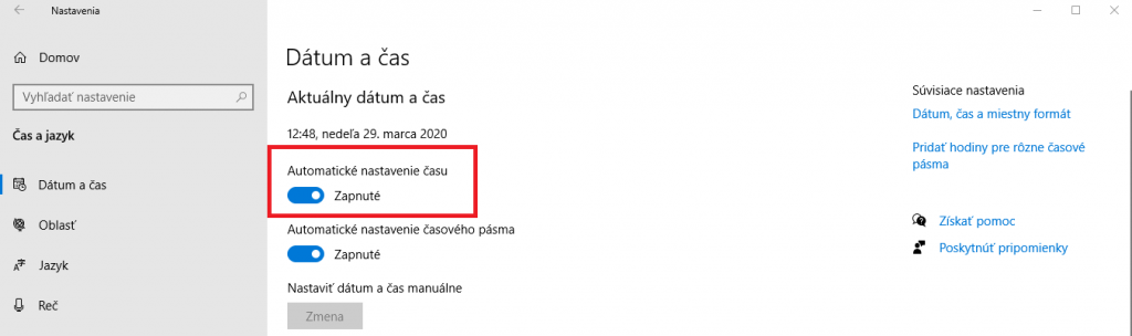 windows 10 nastavit cas