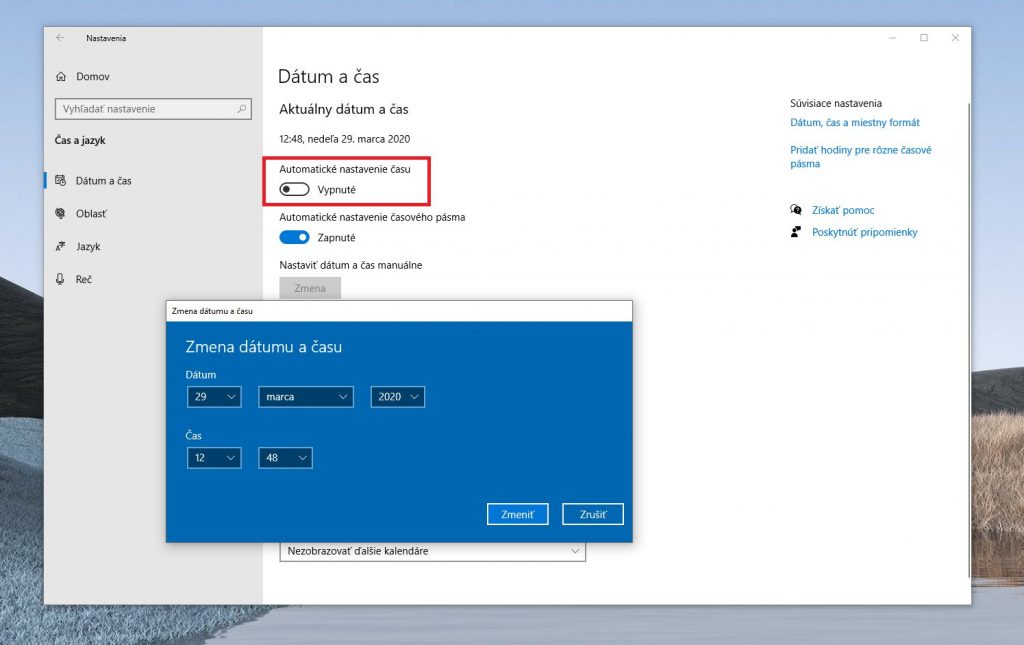 windows 10 nastavit cas