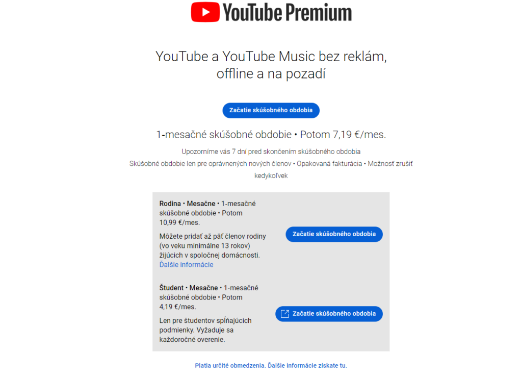 YouTube Premium cena