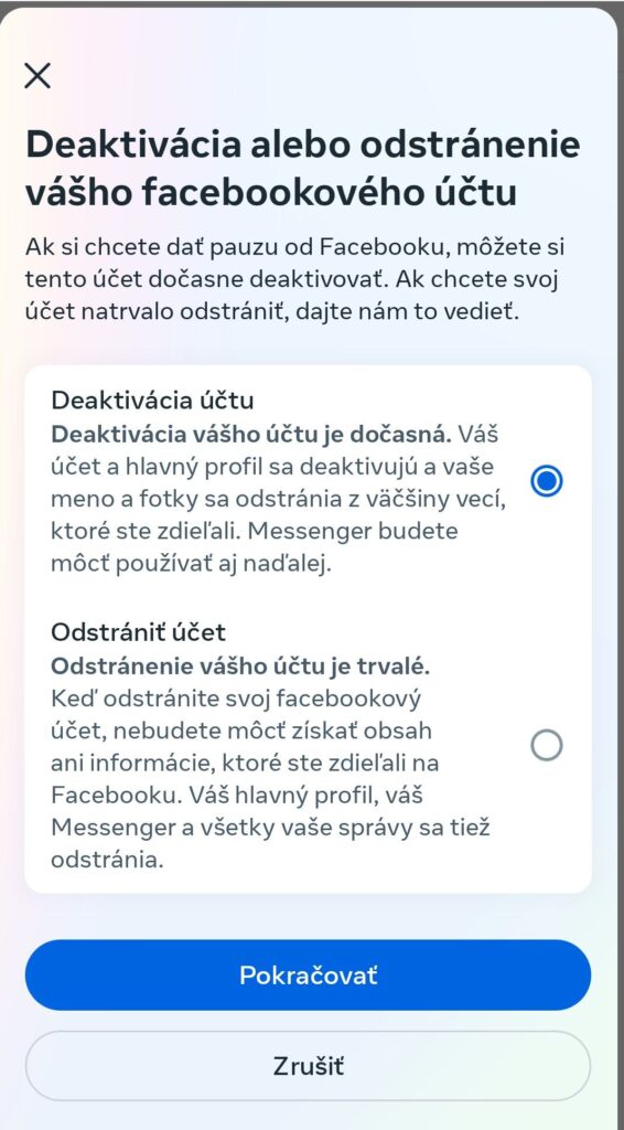 ako zrušiť Facebook na mobile