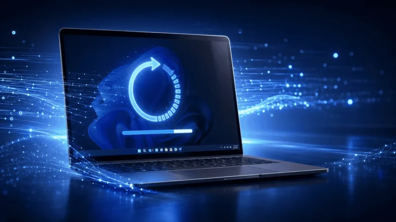 Notebook s modrým pozadím Windows 11, kruhová šípka aktualizácie na obrazovke a panel úloh