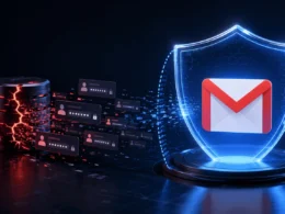 Logo Gmailu v modrom štíte, prasknutý dátový disk s výstrahou a karty s heslami, uniknuté údaje