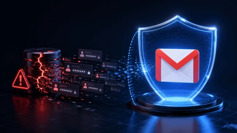Logo Gmailu v modrom štíte, prasknutý dátový disk s výstrahou a karty s heslami, uniknuté údaje
