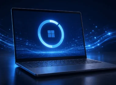 Notebook s logom Windows 11, na obrazovke kruhový indikátor načítania, dole tmavá klávesnica