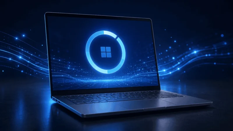Notebook s logom Windows 11, na obrazovke kruhový indikátor načítania, dole tmavá klávesnica