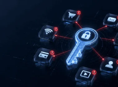 Modrý digitálny kľúč so zámkom, okolo neho ikony wifi, platobná karta, video a účet s červenými výstrahami