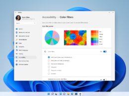 Okno Nastavení Windows 11 otvorené na stránke Prístupnosť – Farebné filtre s ukážkou farebného kolesa, fotografiou farebných dáždnikov a paletou farieb, pod ňou zapnutý prepínač a zoznam filtrov s vybranou možnosťou pre deuteranopiu, na pozadí modrá tapeta Bloom.