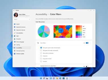 Okno Nastavení Windows 11 otvorené na stránke Prístupnosť – Farebné filtre s ukážkou farebného kolesa, fotografiou farebných dáždnikov a paletou farieb, pod ňou zapnutý prepínač a zoznam filtrov s vybranou možnosťou pre deuteranopiu, na pozadí modrá tapeta Bloom.