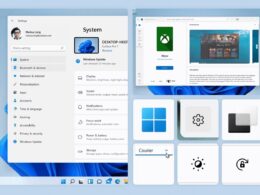 Vľavo okno Nastavení Windows 11 na stránke Systém s panelom úloh, vpravo hore okno obchodu Microsoft Store so stránkou aplikácie Xbox a pod ním mriežka šiestich políčok s ikonami Windowsu, ozubeného kolieska a jasu.