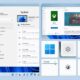 Vľavo okno Nastavení Windows 11 na stránke Systém s panelom úloh, vpravo hore okno obchodu Microsoft Store so stránkou aplikácie Xbox a pod ním mriežka šiestich políčok s ikonami Windowsu, ozubeného kolieska a jasu.