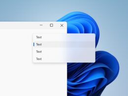 Roh okna Windows 11 s tlacidlami minimalizovat, maximalizovat a zavriet, z ktoreho je vysunuta priesvitna ponuka so styrmi polozkami; jedna je zvyraznena modrym pruzkom. Vpravo presvita modra kvetinova tapeta Windows 11, cim vidno efekt matneho skla.