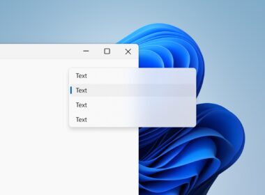 Roh okna Windows 11 s tlacidlami minimalizovat, maximalizovat a zavriet, z ktoreho je vysunuta priesvitna ponuka so styrmi polozkami; jedna je zvyraznena modrym pruzkom. Vpravo presvita modra kvetinova tapeta Windows 11, cim vidno efekt matneho skla.