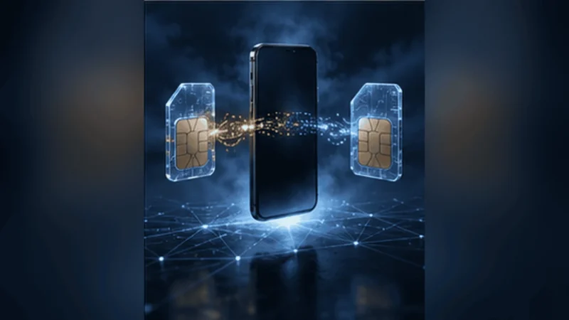 Mobilný telefón medzi dvoma svietiacimi SIM kartami so zlatým čipom, pod nimi modrá dátová sieť