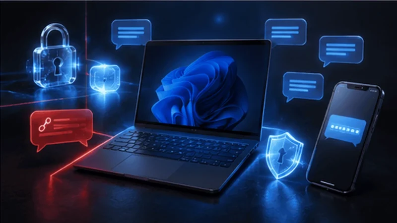 Notebook s klávesnicou, modrá tapeta na obrazovke, červená bublina správy s odkazom, telefón a štít