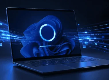 Notebook, na obrazovke modrá plocha v štýle Windows 11 s kruhovým indikátorom a pruhom načítania