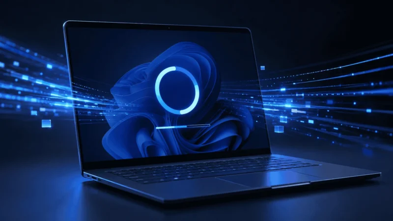 Notebook, na obrazovke modrá plocha v štýle Windows 11 s kruhovým indikátorom a pruhom načítania