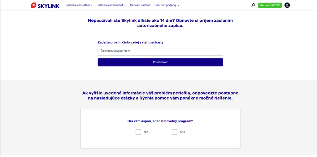 Sprievodca Rýchla pomoc na webe Skylinku sa pýta, či hrá aspoň jeden program
