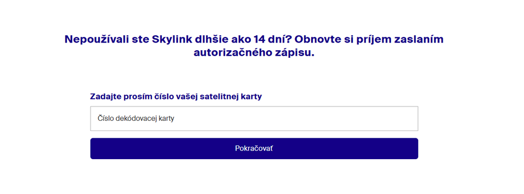 Formulár Rýchlej pomoci Skylinku na zaslanie autorizačného zápisu na dekódovaciu kartu“